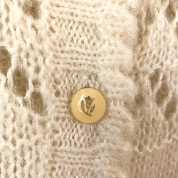 Vtg Puff Sleeve Pockets Ruffle Cut Work Knit Granny Grandma Cardigan Sweater S/M - Picture 8 of 17